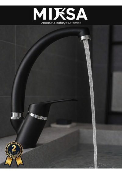 Siyah-krom Mix Kuğu Banyo Lavabo Bataryası, Musluğu, Çeşmesi Çift Su Girişli