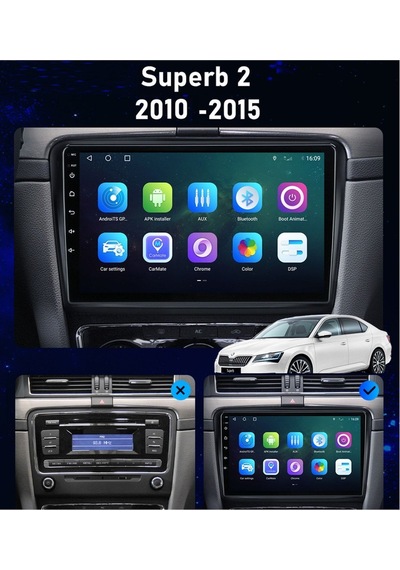 Skoda Süper B 2010-2015 Android Multimedya Carplayli 10 İnc Hd Ips Ekran 2gb/32gb Kamera Hediyeli 10.1"