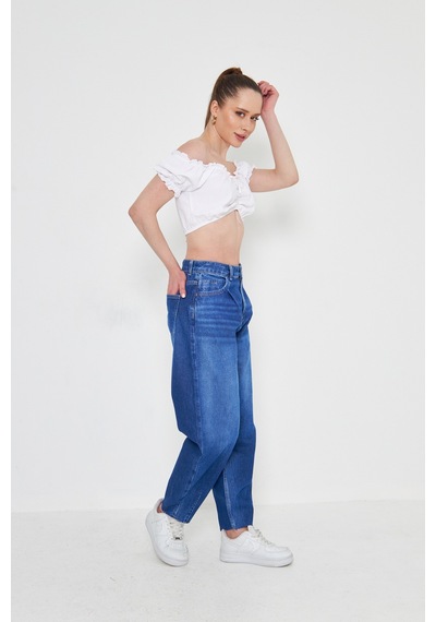 Kutaf Mavi Bol Kesim Yüksek Bel Balloon Fit Baggy Jean Kot Salaş Kadın Pantolon Mavi
