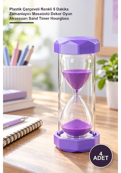 4 Adet Kum Saati Plastik Çerçeveli Renkli 5 Dakika Zamanlayıcı Masaüstü Dekor Oyun Aksesuarı Sand Timer Hourglass