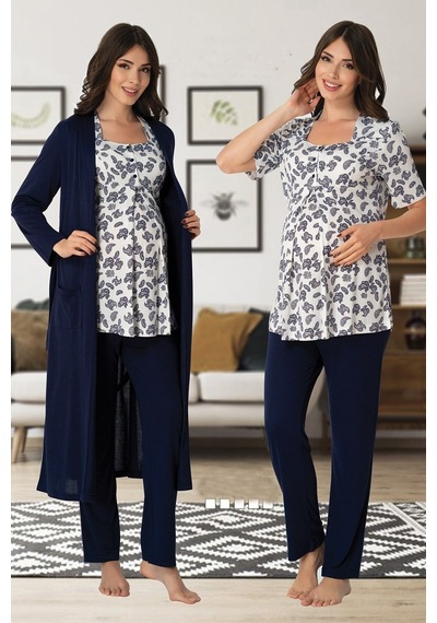 Effortt Kadın Lacivert Sabahlıklı Lohusa Pijama Takımı 8014 Lacivert