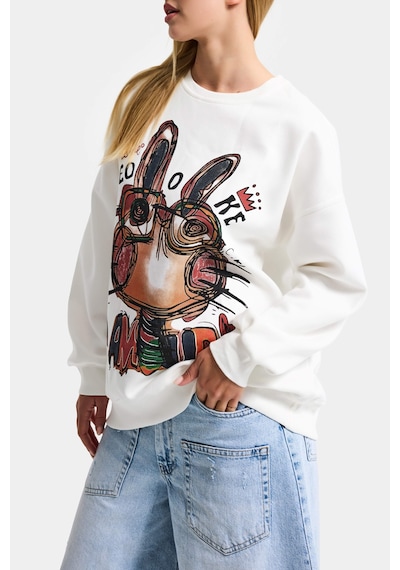 Kadın Beyaz W5 Oversize Baskılı %100 Koton Organik Kumaş Sweatshirt