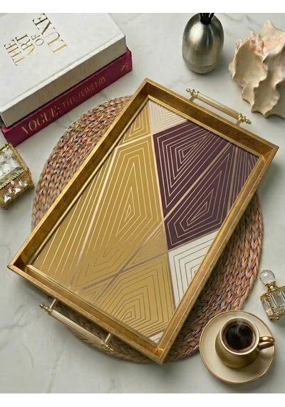 Modern Geometrik Desenli Gold Çerceveli Kulplu Dekoratif Sunum Tepsisi