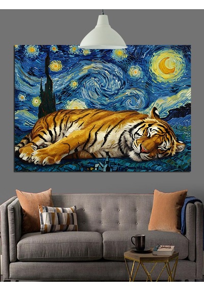 Van Gogh Tarzı Yıldızlı Kaplan Dekoratif Kanvas - Mdf Ahşap Tablo