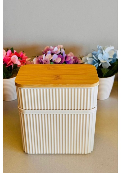 Makri Home İkili Bambu Kapaklı Dikdörtgen Saklama Ve Beslenme Kutusu, 0,5 Litre Ve 1 Litre Hacminde 2 Adet Kutu Krem