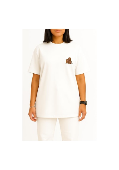Bahriyeli Collection Oversize Dugtrio Cep Baskılı Unisex T-shirt Beyaz