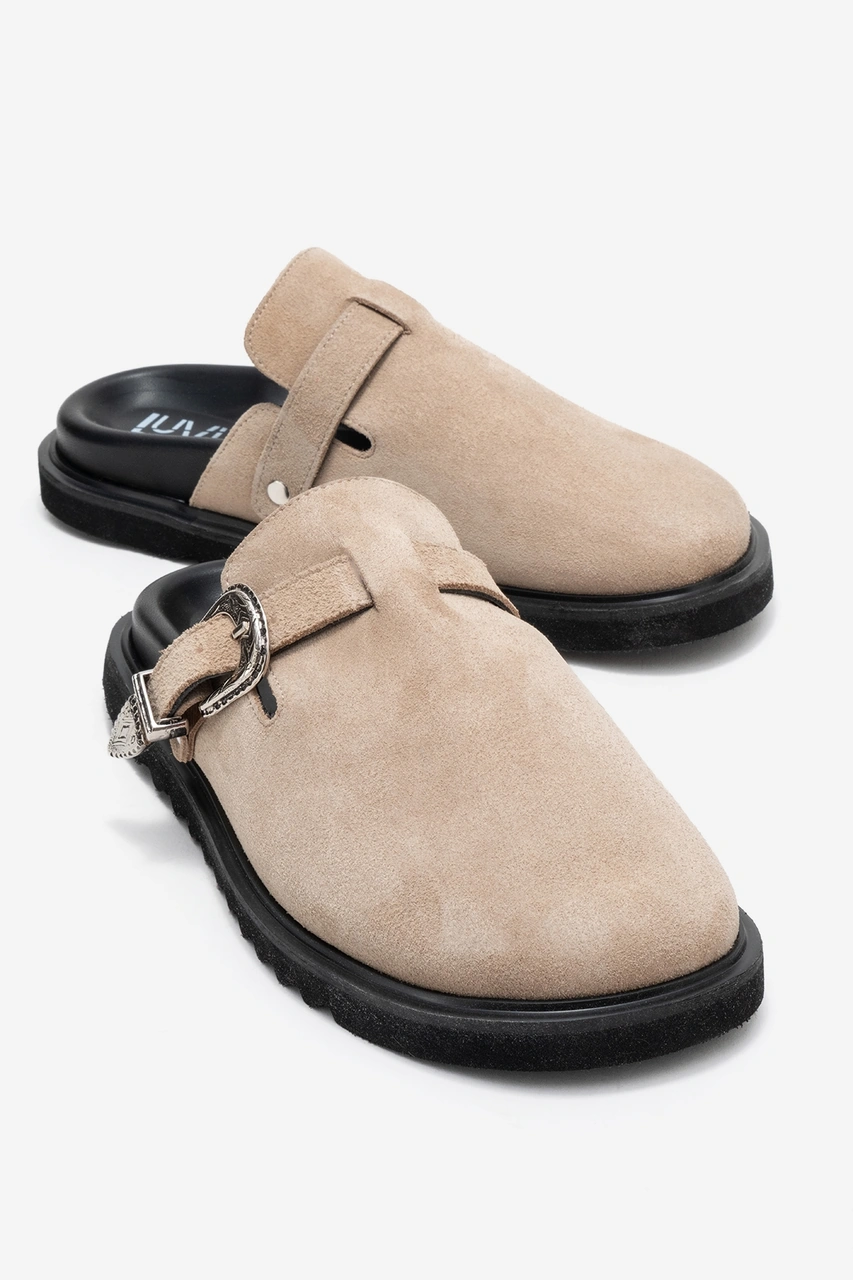 Luvishoes Luvi Shoes Vesta Bej Süet Tokalı Hakiki Deri Kadın Burnu Kapalı Terlik Bej