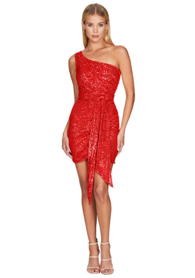 Hanife Glam Couture Hanife Glam Tek Omuz Zara Pupayet İşlemeli Mini Elbise Kırmızı