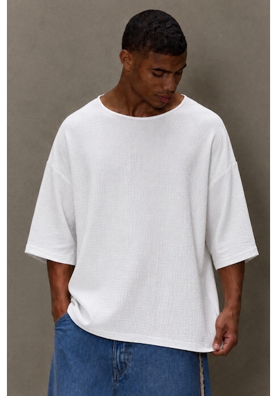 Tarz Cool Erkek Oversize Keten Görünümlü Basic Tişört Salaş Kesim Bisiklet Yaka Günlük Streetwear T-shirt Beyaz