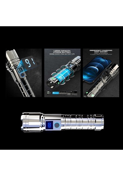 M06 Metal Kasa Uzun Menzil Profesyonel Led Fener 1800 Lümen 5000 Mah Zoom 4 Mod Dijital Ekranlı Usb Şarjlı Fener Powerbank Açık Gri