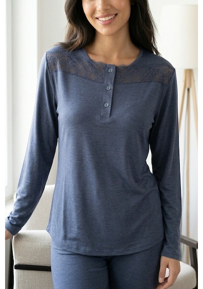 Aura Collections Kadın Dantelli Bambu Viskon Uzun Kollu Mevsimlik Soft Örme Pijama Takımı Lacivert