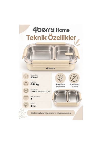 2 Bölmeli Termos Yemek Kabı 850 Ml, Paslanmaz Çelik, Sızdırmaz Kilitli, Şeffaf Kapaklı, Krem Rengi Krem-bej