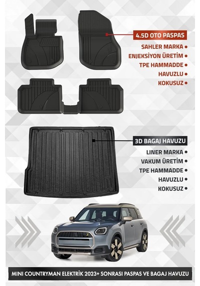 Mini Countryman 2024 Ve Sonrası Uyumlu 4.5d Pro Premium Havuzlu Oto Paspas Ve Lıner Bagaj Havuzu Set