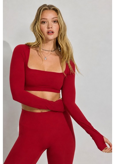 Seeh Bordo Kare Yaka Parmak Detaylı Kadın Body Sh211