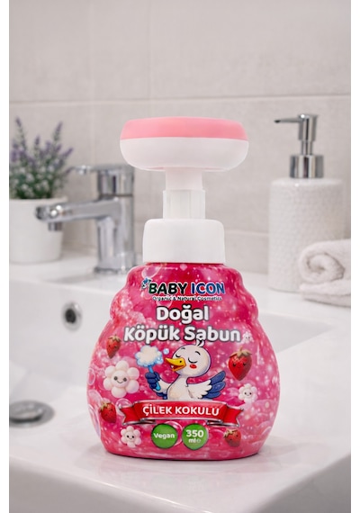 Baby İcon Doğal Çocuk Köpük El Sabunu 350 Ml Çilek Kokulu Vegan Parabensiz Çiçek Şekilli Pembe Köpük