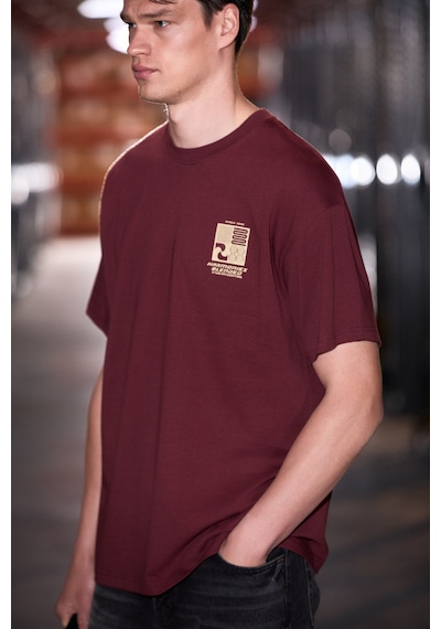 Grımelange Antonıo Erkek Baskı Detaylı %100 Organik Pamuk 3 İplik Örme Oversize Bordo T-shirt