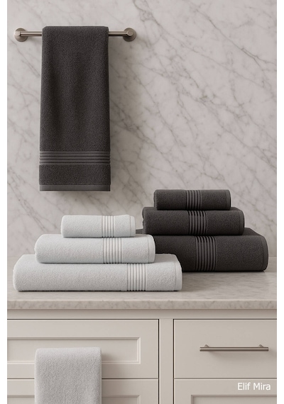6 Parça Banyo Havlusu Seti Pamuklu 70x140 Cm Serenio Antrasit-Açık Gri