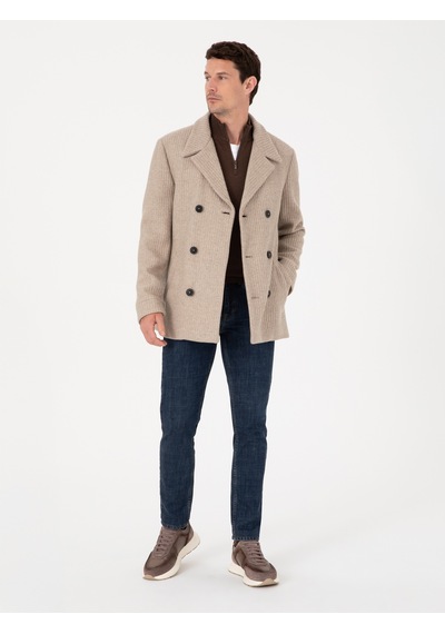 Cacharel Vizon Slim Fit Yün Karışımlı Kruvaze Kaşe Kaban Kahverengi
