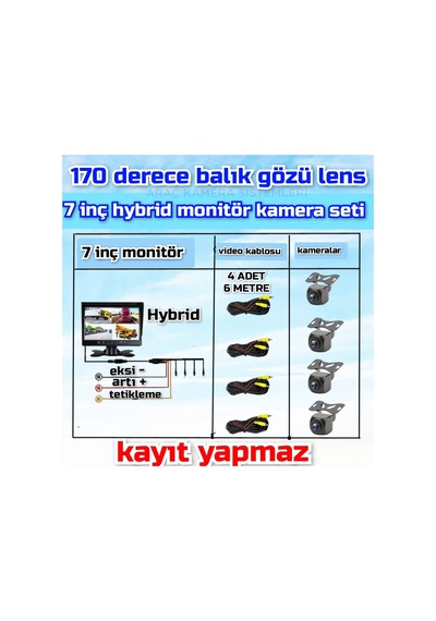 7'' Ekran + 4 Ad 170'' Geniş Açılı Kamera Seti Kayıt Yapmaz 12 V