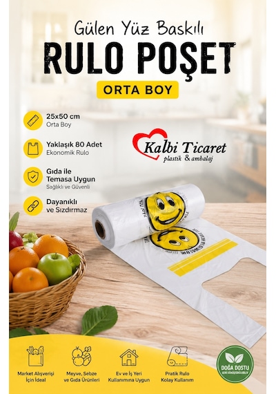 Rulo Poşet Orta Boy Gülenyüz Baskılı Poşet Hışır Atlet Poşet Market Manav Poşeti Beyaz Poşet