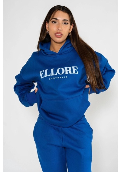 Ellore Eşofman Takımı Sweatshirt Jogger - Sax Mavi Baskılı Oversize Şardonlu Kapüşonlu Saks Mavi