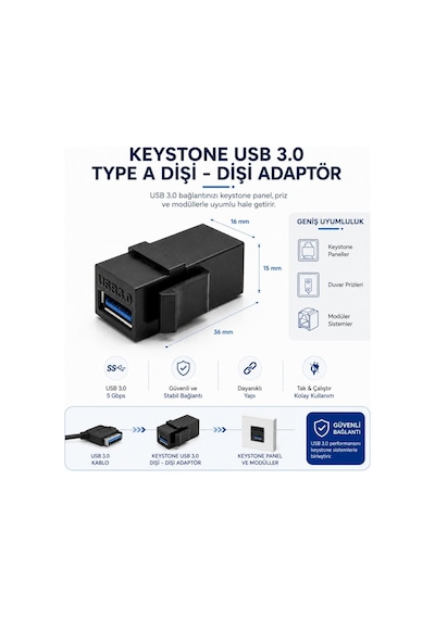Lunatic 8860 Usb 3.0 A Dişi To Dişi Keystone Jack Adaptör Çevirici Uzatma Dönüştürücü Ara Bağlantı