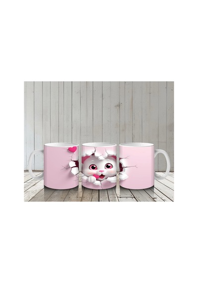 Pembe Kalpli Çatlak Duvar Arasından Bakan Sevimli Kedi Kupa Çok Renkli