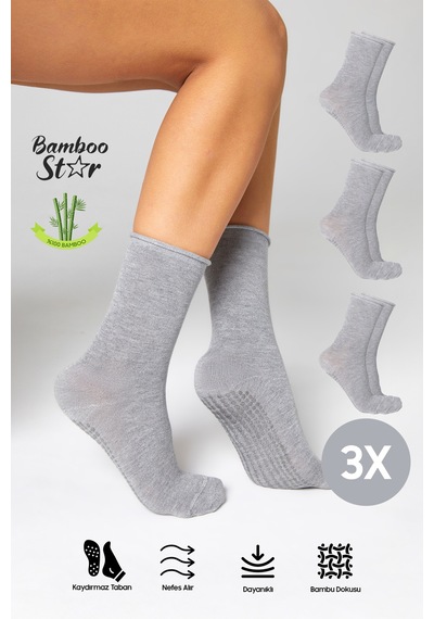 Bamboo Star Bambu Kaydırmaz Taban Silikon Baskı Umre Tavaf Umre Hamile Yoga Gri Lastiksiz Çorap 3'lü