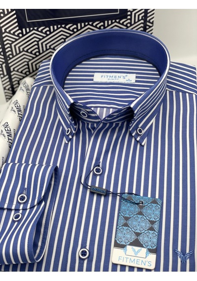 Slim Fit Uzun Kol Premium Kalın Çizgili Yaka Düğmeli Hediye Kutulu Kolay Ütülenebilir Erkek Gömlek Fs-001375 - Saks Mavi-1488