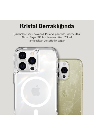 Bix iPhone Uyumlu 13 Pro / 14 Pro Octagon Hava Yastıklı Magsafe Kılıf Maksimum Korumalı Antrasit Kristal Şeffaf