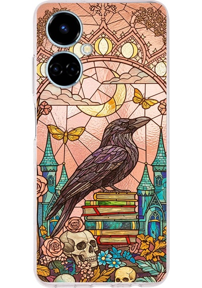 Printify Tecno Camon 19 İle Uyumlu Vitray Bilge Kuzgun Tasarımlı Şeffaf Silikon Kılıf Şeffaf