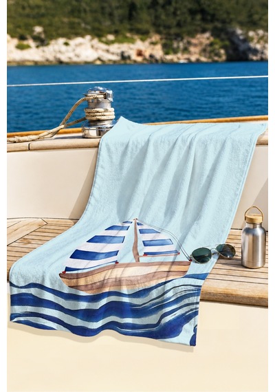 Yelkenli Marine Mavi Plaj Havlusu - Akdeniz Nautical Minimal Açık Hızlı Kuruyan Mikrofiber Havlu Mat Şakayık