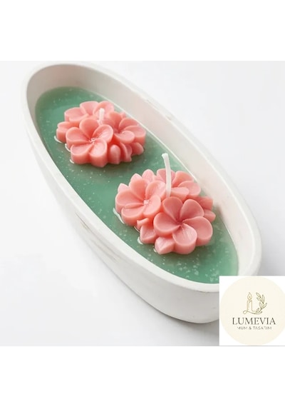 Oval Kase İçinde Dekoratif Mum Beyaz-yeşil-pembe