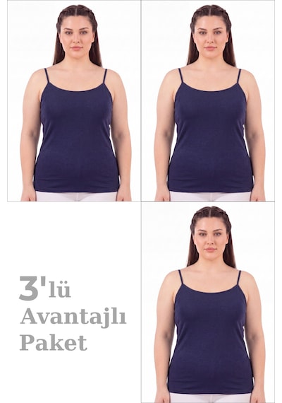 Arma Yıldız Kadın Büyük Beden İp Askılı Atlet Pamuklu Likralı Yumuşak Esnek Kumaş 3'lü Paket Lacivert-3