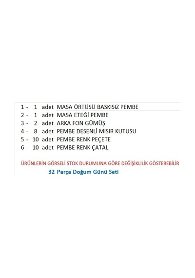 Pembe Masa Örtüsü, Pembe Masa Eteği, 2 Adet Pembe Arka Fon, 10 Adet Peçete, 10 Adet Çatal, 8 Adet Mısır Kutusu