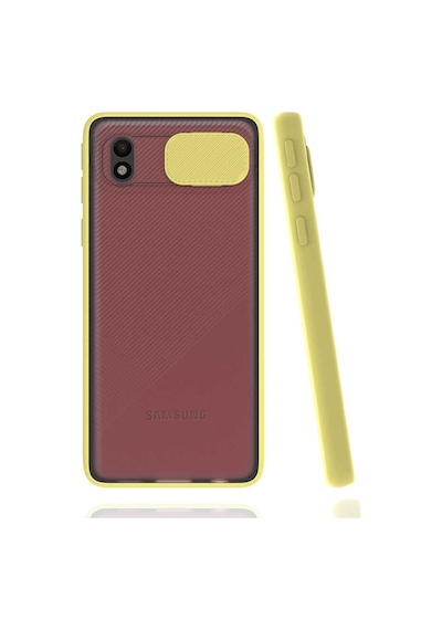 Noktaks - Galaxy Uyumlu A01 Core Uyumlu - Kılıf Slayt Sürgülü Arkası Buzlu Lensi Kapak - Sarı - T16854 Sarı