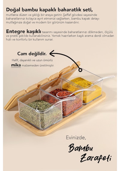 3'lü Kaşıklı Bambu Kapaklı Baharatlık - Tepsili Baharat Saklama Kabı Baharat Takımı 250 Ml Bej