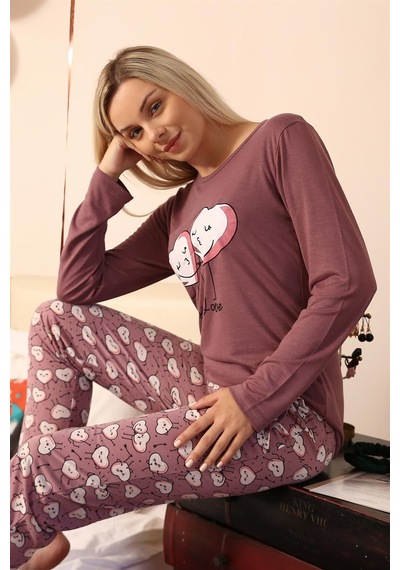 Akbeniz Kadın Penye Uzun Kol Pijama Takım 4187 - M Mürdüm