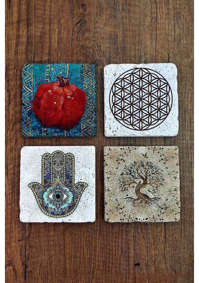 Doğal Taş Bardak Altlığı Uv Baskılı 4'lü Set - Nar, Yaşam Çiçeği, Nazar, Hayat Ağacı Stone Coasters Çok Renkli
