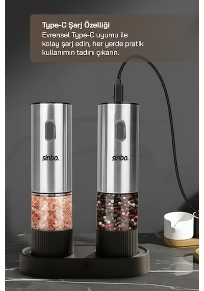 Sinbo Shb-7521 Otomatik Tuz Ve Karabiber Öğütücü Seti Standlı Type-c Şarjlı Ayarlanabilir Öğütme Inox