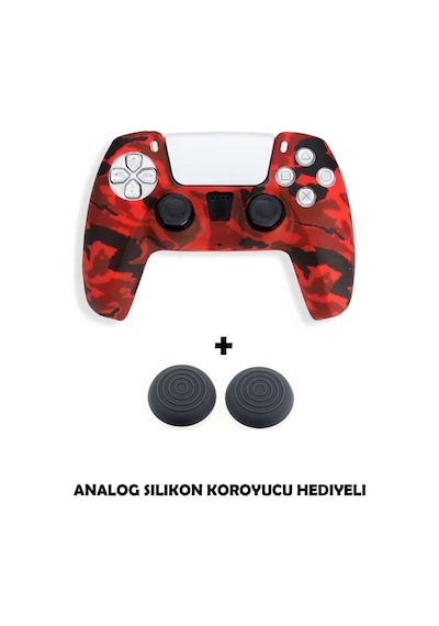 Ps5 Dualsense Uyumlu Kamuflaj Desenli Koruyucu Silikon Kılıf + Analog Silikon Koruyucu Kırmızı Kamuflaj