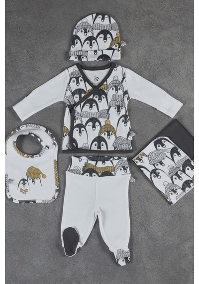 Veropukahome Ecocotton Pingu Erkek Bebek Zıbın Seti 5'Li Beyaz 0-3 Ay Beyaz