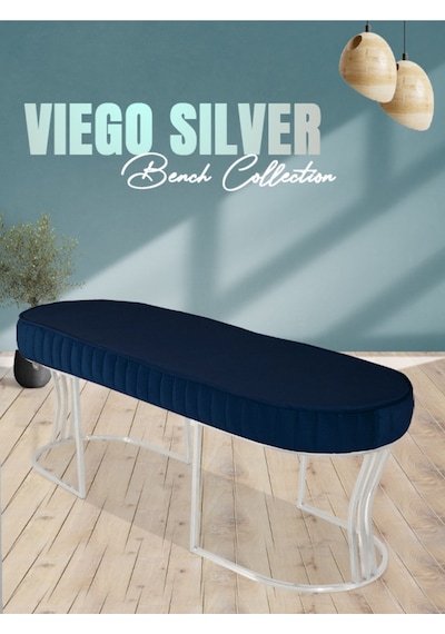 Viego Silver Striped- Mavi Kapitoneli Chester Model Puf & Bench & Koltuk & Uzun Makyaj Puff & Yatak Ucu &önü