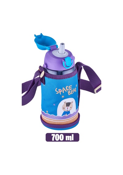 700 Ml Büyük Boy Kılıflı 2 Ayrı Kapaklı Pipetli / Pipetsiz Tritan Su Matarası Mavi - Mor