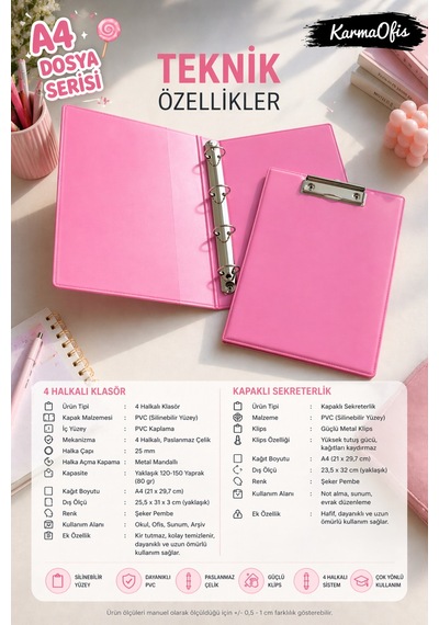 Pink Dreams Aesthetic Kırtasiye Seti A4 4 Halkalı Klasör + Kapaklı Sekreterlik Pembe Pvc Dosya Organizer