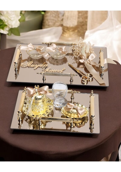 Reverence Gold 4 Kulp Söz Tepsisi Ve Nişan Tepsi Seti Gold Gold
