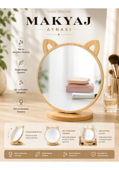 Unichrome Kedi Ayna Ahşap Standlı Masa Üstü Makyaj Aynası Make Up 14 Açık Bej