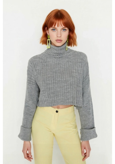 Ersefa Kadın Oversize Super Crop Balıkçı Yaka Kışlık Triko Kazak Uzun Ko Gri