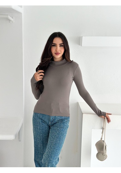 Kadın Yarım Balıkçı Yaka Parmak Geçmeli Full Likralı Buzz Body Vizon