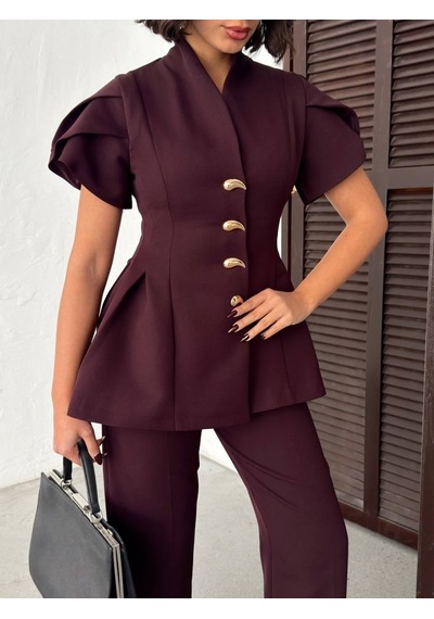 Modadua Gold Düğme Detaylı Peplum Kesim Şık Kadın Takım Mürdüm